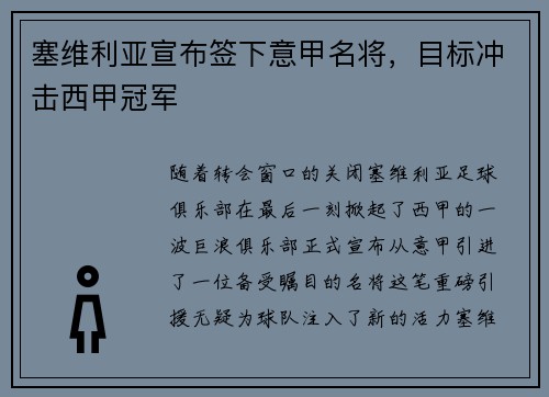 塞维利亚宣布签下意甲名将，目标冲击西甲冠军